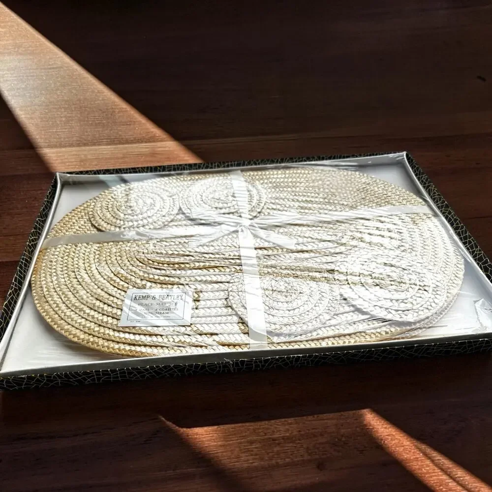 Vintage Kemp & Beatley Straw Place Mat Set 4 Mats 4 Coasters New in Box
